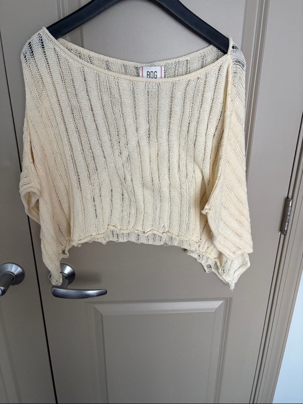 BDG Cream Off-the-Shoulder Cropped Knit Sweater